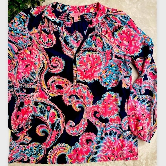 Lilly PULITZER Multicolor 100% Pure‎ Silk Pattern Print Fun Blouse Top Small - Picture 1 of 5